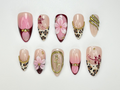 Pink Leopard Glam Press On Nails | 3D Floral & Cheetah Print Nails | Burgundy Gold Accent Nail Set | Handmade Art Press Ons | OC102HC