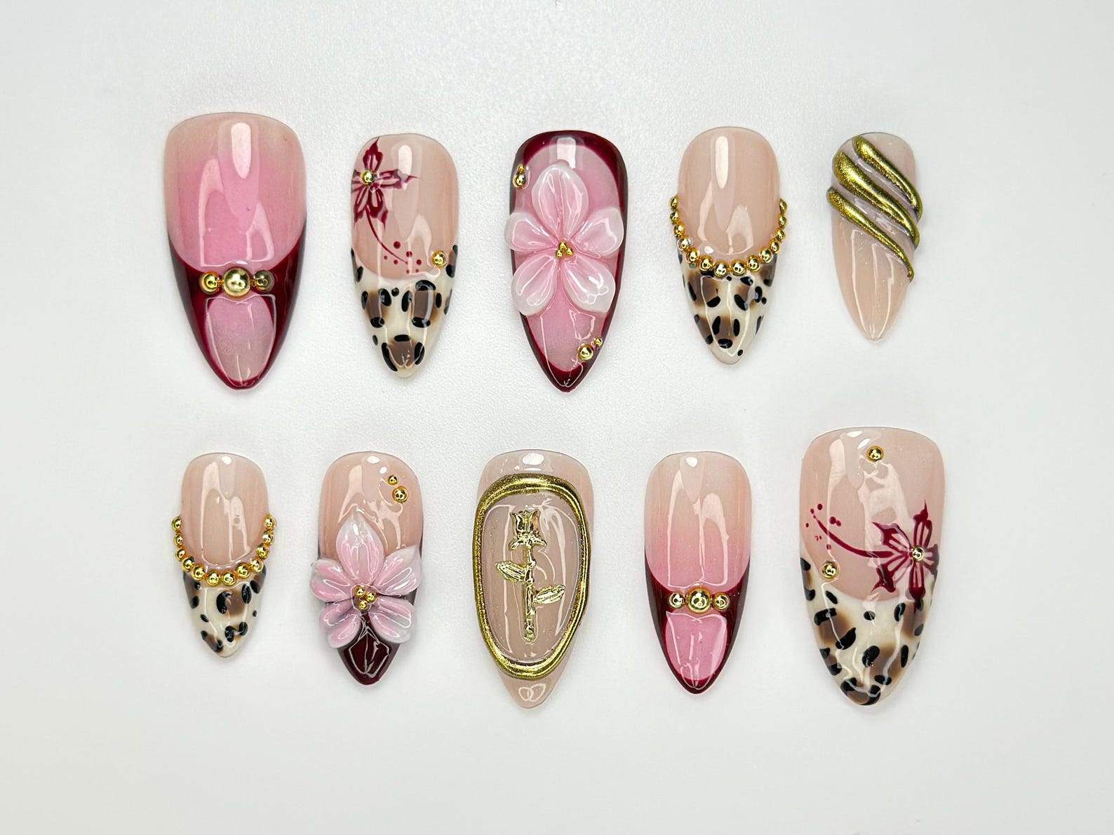 Pink Leopard Glam Press On Nails | 3D Floral & Cheetah Print Nails | Burgundy Gold Accent Nail Set | Handmade Art Press Ons | OC102HC