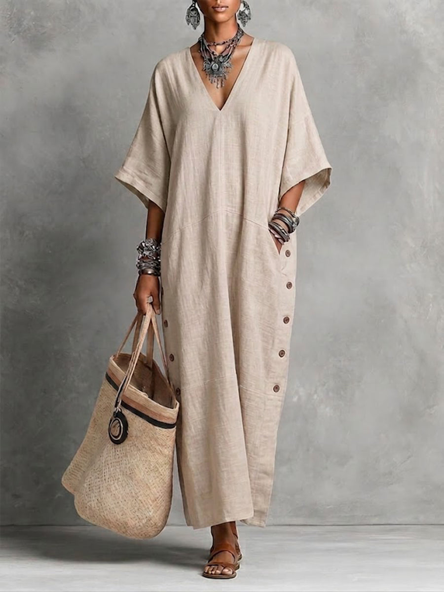 Boho Linen & Cotton Maxi Dress – Casual Loose Fit for Effortless Style