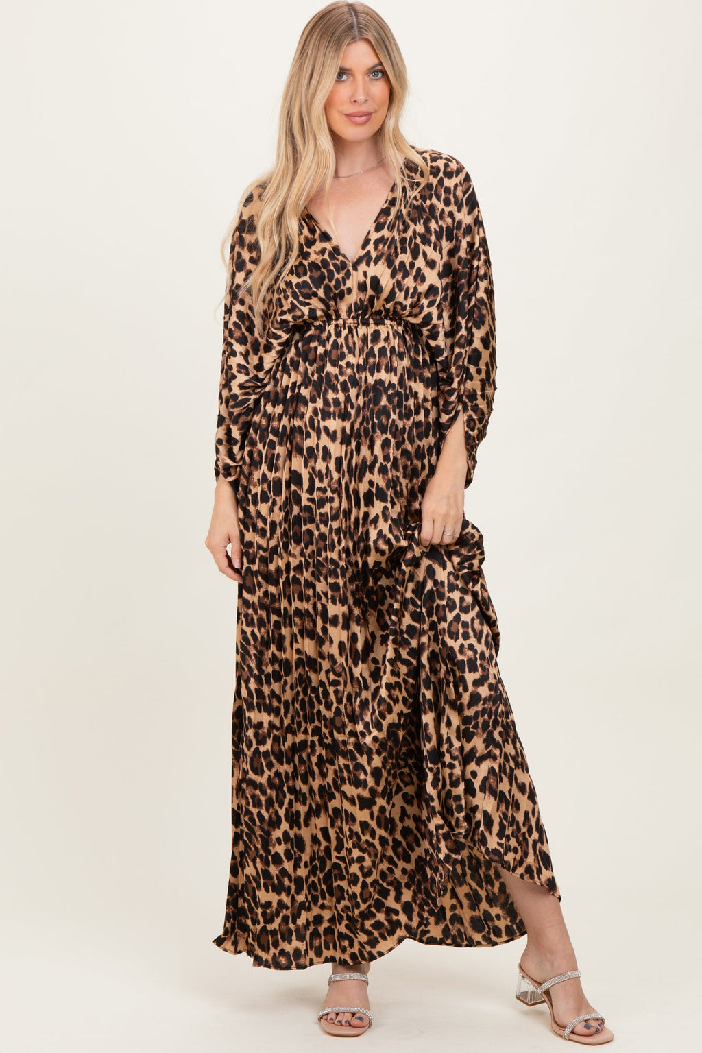 Elegant Leopard Print V-Neck Long Sleeve Dress – Effortless Style