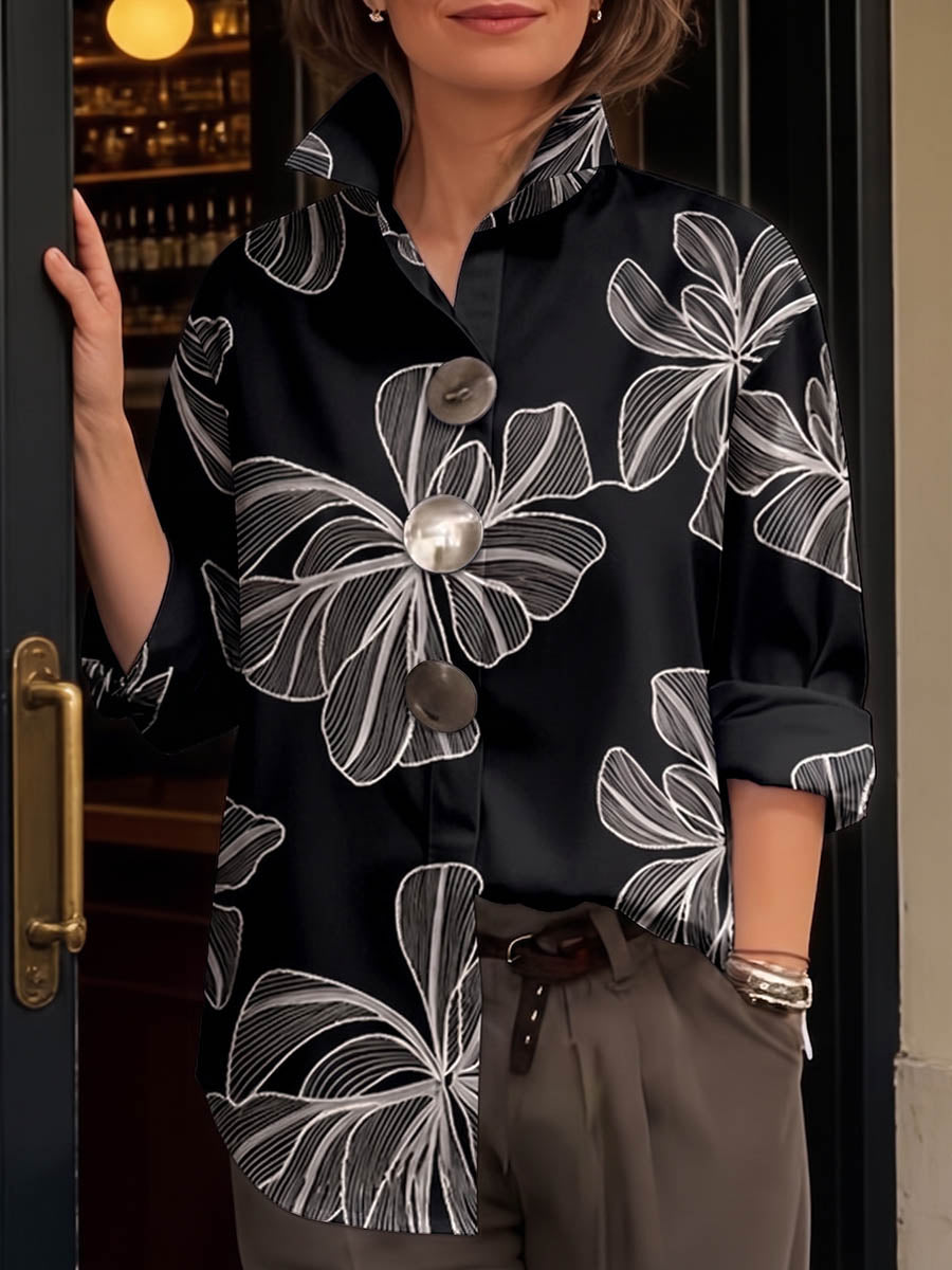 Women's Abstract Print Lapel Long-sleeve Casual Loose Cotton Shirt