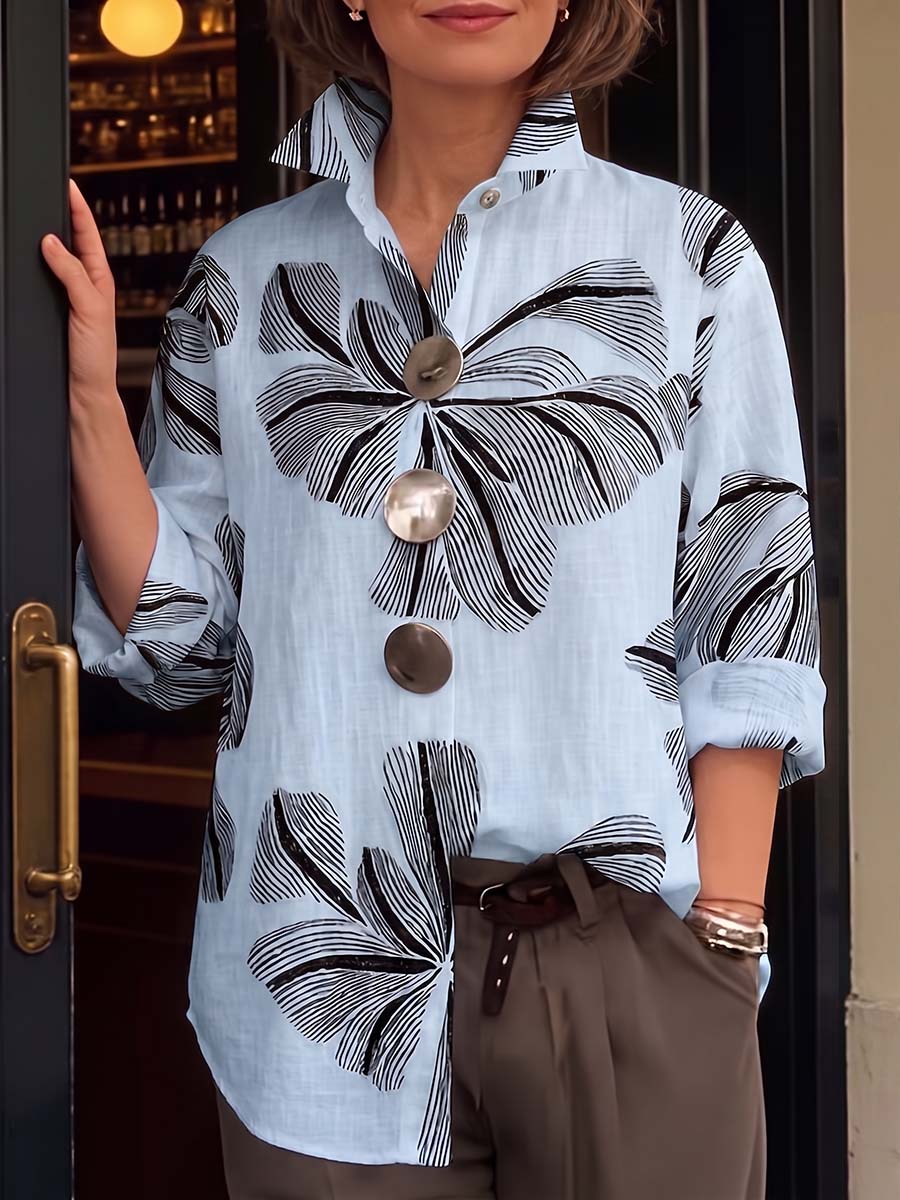 Women's Abstract Print Lapel Long-sleeve Casual Loose Cotton Shirt
