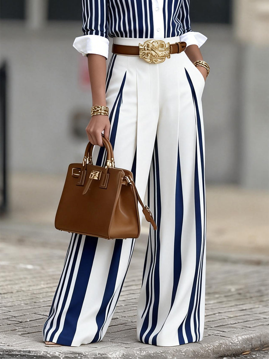 Elegant Artistic Striped Print Shirt+Pants