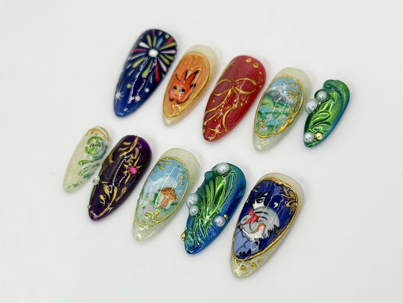 Howl's Moving Castle Press-On Nails | Studio Ghibli Inspired Nail Art | Unique Handmade Anime Nails | Custom Ghibli Nail Design | OB593HC