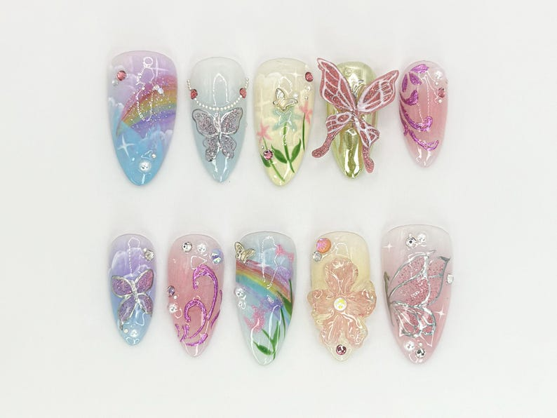Nature-Inspired Floral Press-On Nails | Floral And Butterfly Long Nails | Butterfly And Glitter Nails | Hand-Painted Nail Art | OB634HC