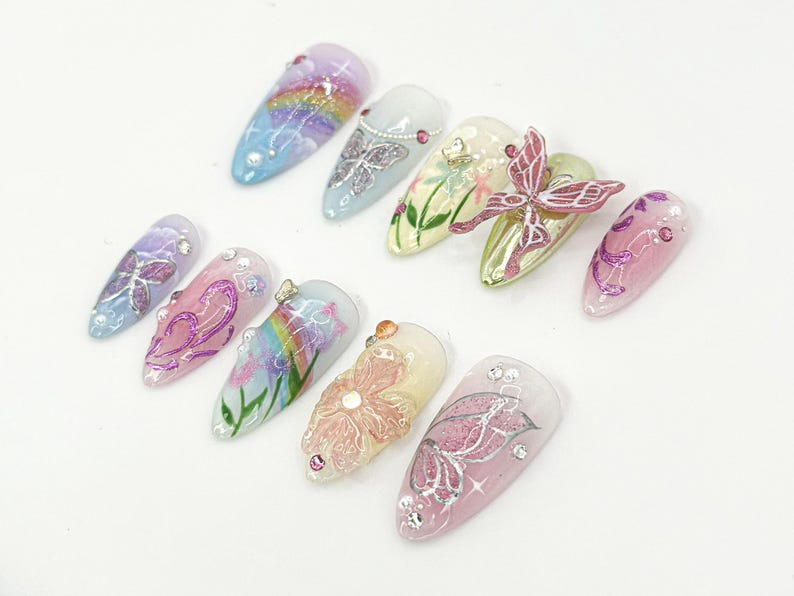 Nature-Inspired Floral Press-On Nails | Floral And Butterfly Long Nails | Butterfly And Glitter Nails | Hand-Painted Nail Art | OB634HC