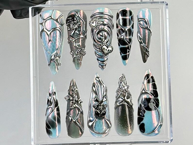 Gothic Black Chrome Press On Nails | Cyberpunk 3D Press Ons | Holographic 3D Fake Nails | Gothic. Y2K. Dark Nail Art | Gothic Nails |OC773YC