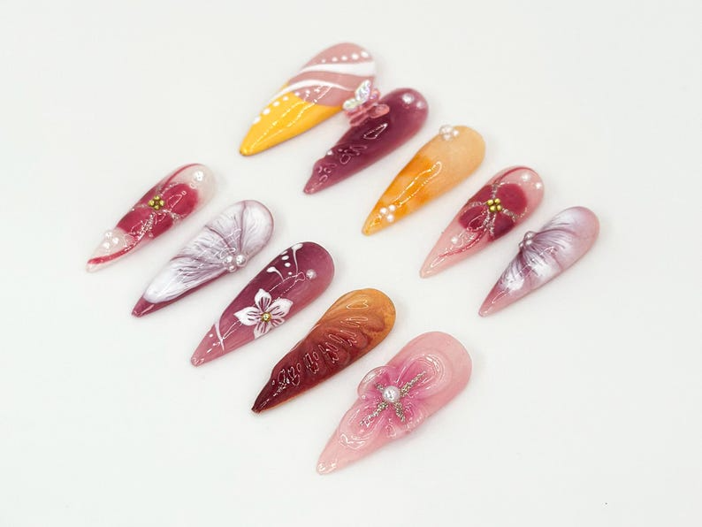 Luxury Ombre Floral Press On Nails | Burnt Orange & Burgundy Design | Handmade Fall-Inspired Nail Art | Elegant Gold. Floral Accent |OB668HK