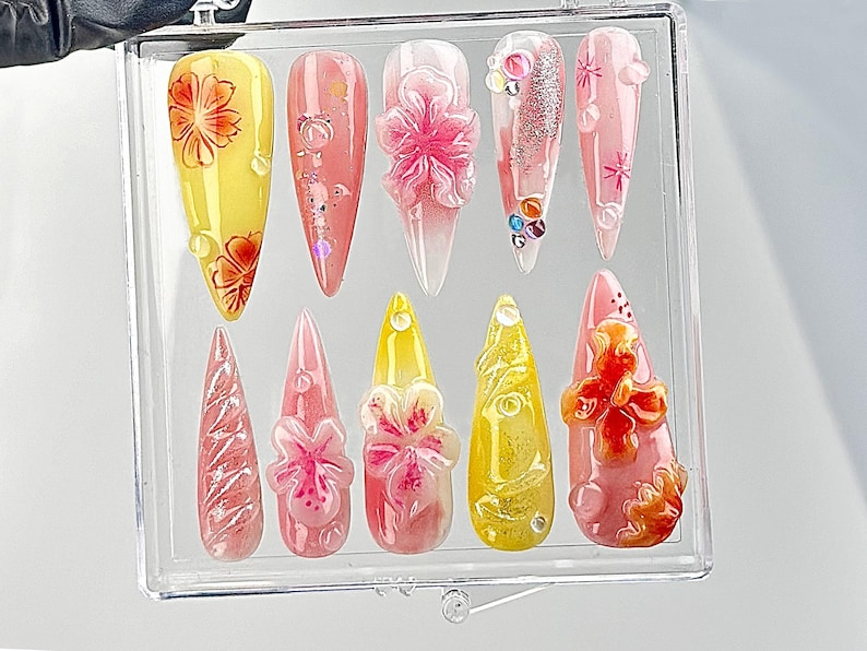 Tropical Floral Press On Nails | Handcrafted Hibiscus Fake nails| Artisan Spring Flower Nail Art | Luxe Pink Acrylic Nails | OB639YK