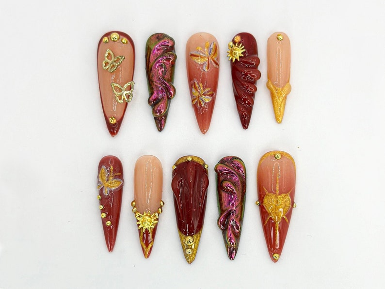 Glamorous Burgundy Press On Nails | Gothic Floral. Butterfly Design | Burgundy & Gold Accents | | Elegant Gold Design | Trendy Nail | OB679H