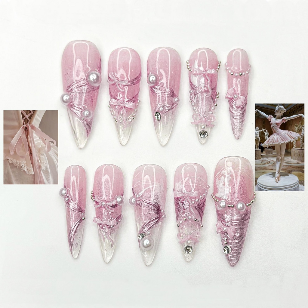 Pink Ballerina Press On Nails for Girls – Soft Blush Ombre Stiletto Nails with Pearls & Ribbons. Handmade Coquette Balletcore Inspired Press On Nail Set. Luxury Princess Nails | OB291HC