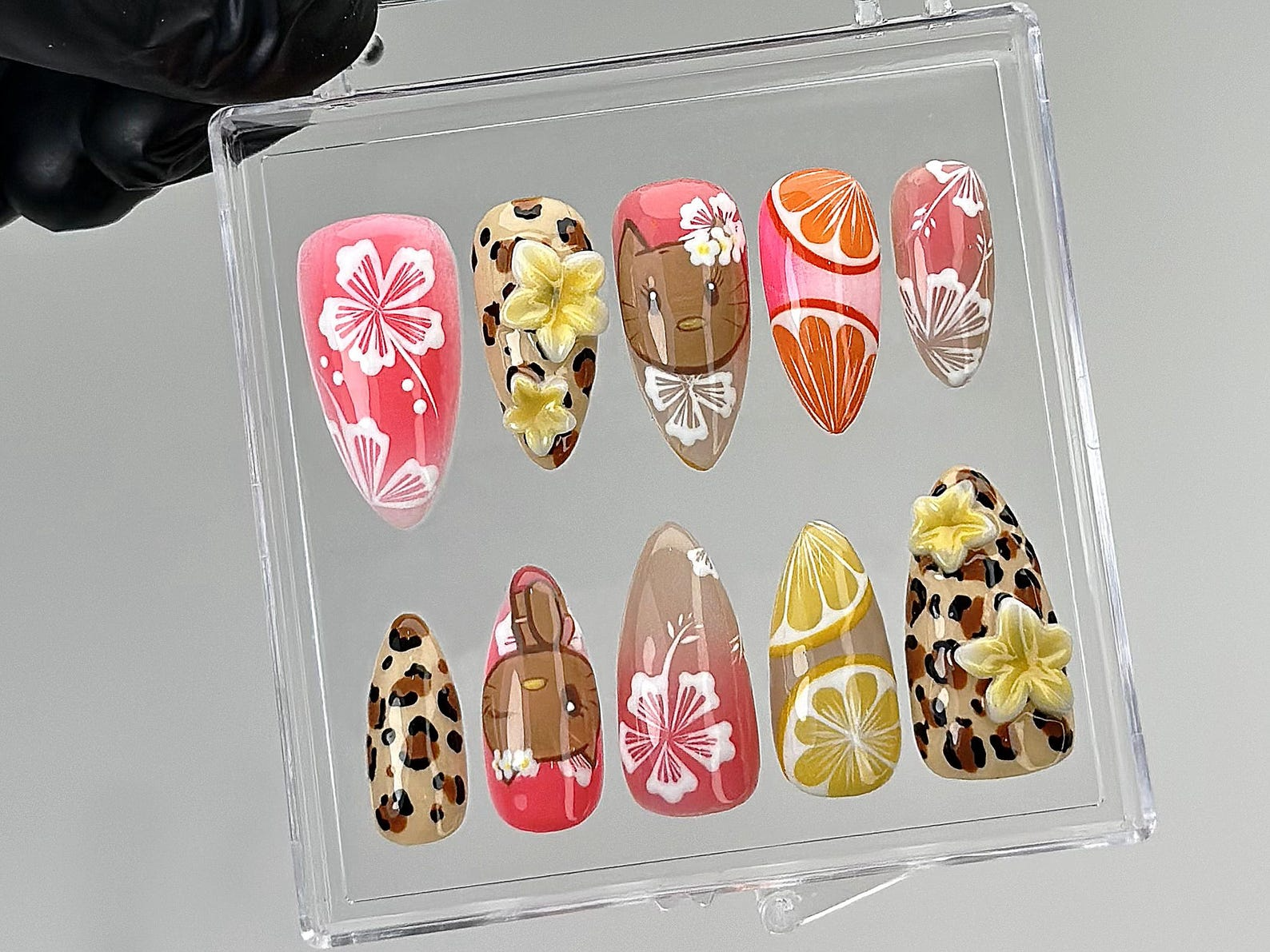 Tropical Summer Press On Nails | 3D Hibiscus. Citrus Design Fake Nails | Handmade Vacation Nail Art | Luau Beach Press Ons | Summer |OB878YC