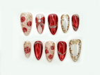 Press On Nails For Christmas | Holiday Christmas Nails | Gold Leaf Luxury Nail Art | Pearl Accent Classy Nails | OB210EC