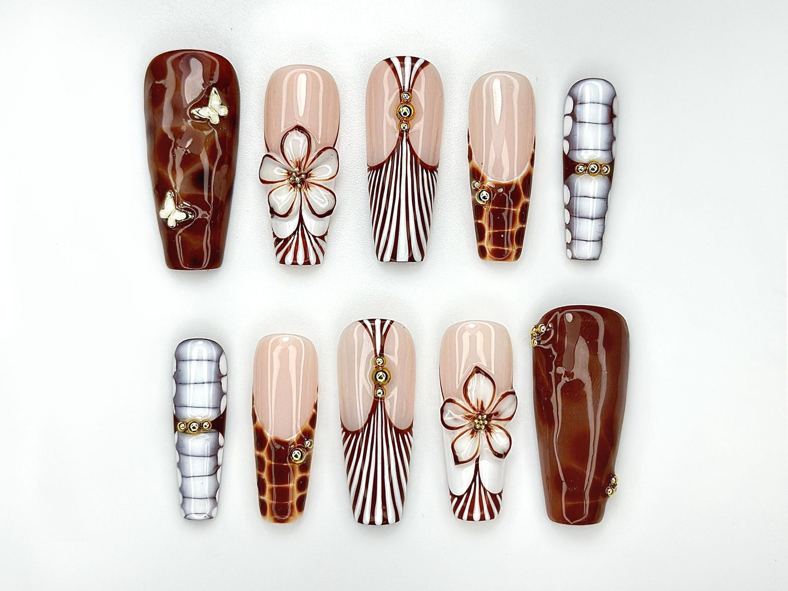 Caramel Elegance Press On Nails | Brown Marble 3D Flower Nails | Butterfly Accent & Luxe Stripe Design | Fall Long Gel Nails | OB1003EC