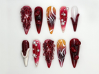 Pomegranate Lava Press On Nails | Deep Red Chrome Fruit Nails | 3D Pearl Fire Nail Art | Garnet Gradient Press Ons | Artistic Red | OB858H