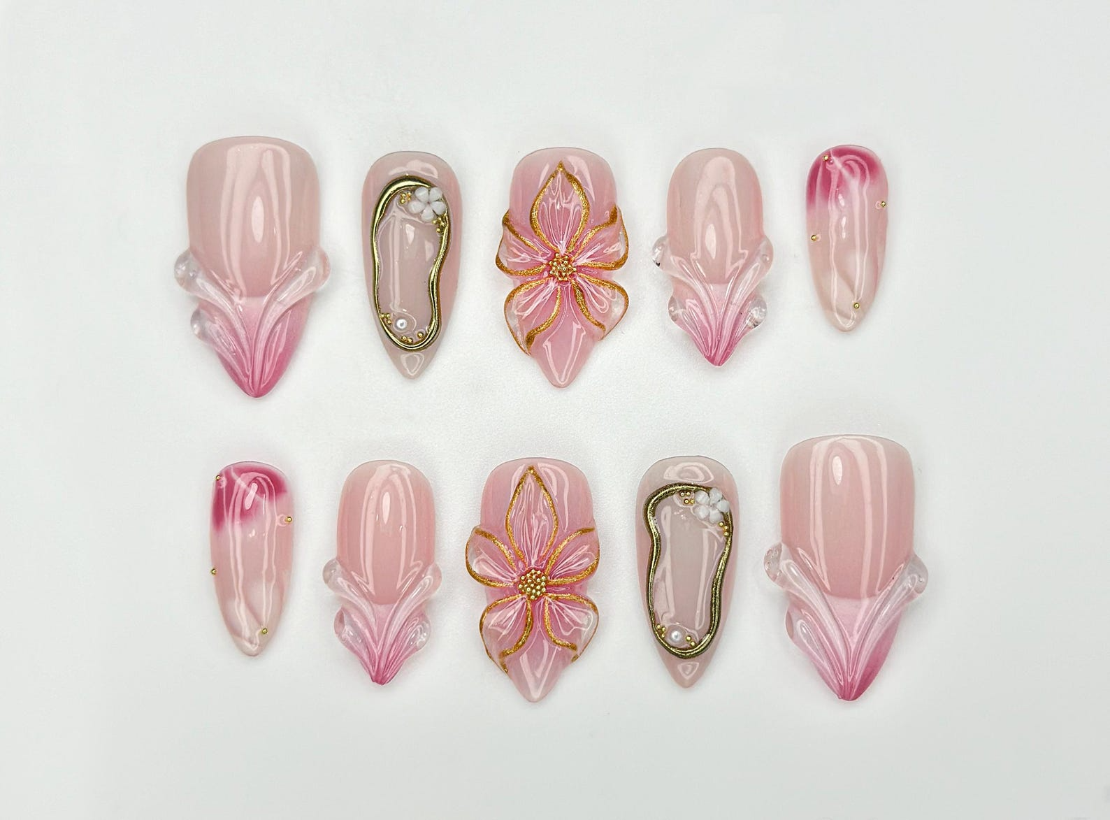 Blush Bloom Elegance Press On Nails | 3D Floral Accents & Gold Details & Pink Ombre Press Ons | Wedding Nails | OC962H