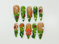 Green Floral Press On Nails with Ladybug and Pearl | 3D Nature Nails in Long Almond | Handmade Spring Nails for Wedding. Vacation | OB330N