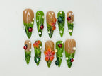 Green Floral Press On Nails with Ladybug and Pearl | 3D Nature Nails in Long Almond | Handmade Spring Nails for Wedding. Vacation | OB330N