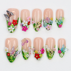 Green Glitter Press On Nails | Handcrafted Freestyle Forest-Inspired Secret Garden Nails | Custom 3D Butterfly Floral Fake Nails Art | Y2K Gifts OB906L