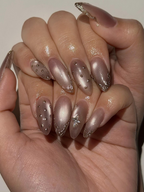 Luxury Cat Eye Press On Nails. Luxury Gold Foil Trim Fake Nails. Elegant Nude Shimmer Nails for Wedding and Formal Events. OC1293HC
