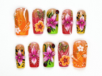 Tropical Floral Press On Nails | 3D Tropical Flowers Nail Art | Vibrant Ladybug Design Fake Nails | Bold Tropical Kawaii Nails | OB893HC
