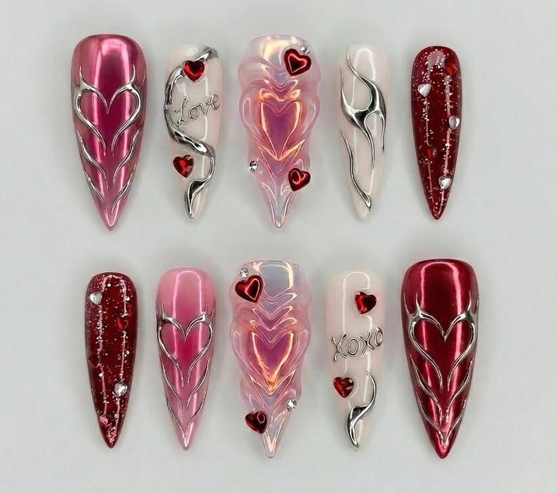 Red Pink Heart Press On Nails | Valentine Nail Wraps| Y2K Heart Nail Art | Handmade Statement Press Ons | Valentine Nails | HC997GC