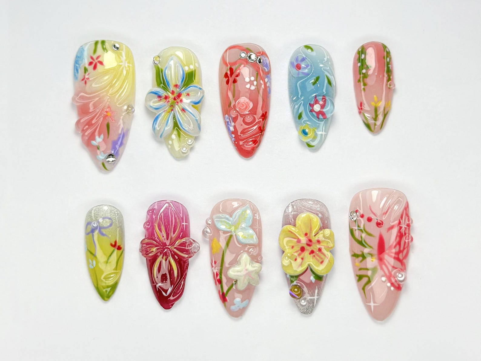 Spring Garden Bloom Press On Nails | Colorful Floral 3D Nail Art | Soft Pastel Press Ons | Handmade Elegant Set for Spring & Summer|OB751HK