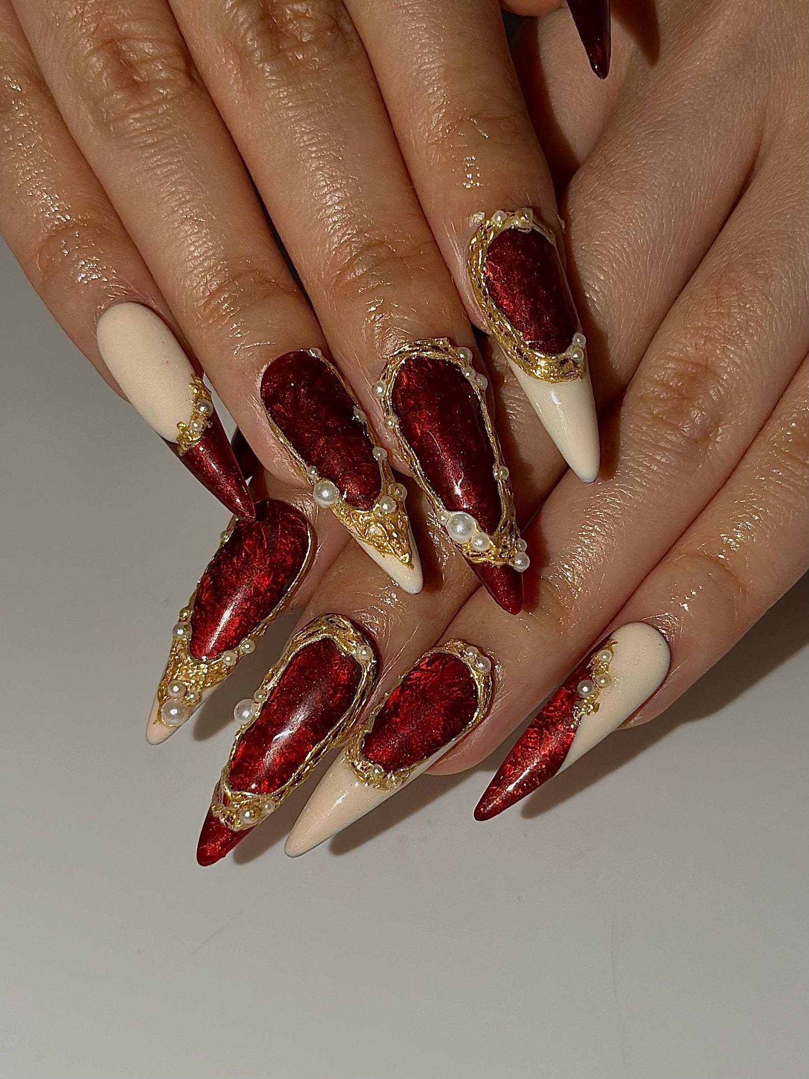 Red Chrome Luxury Press On Nails | Gold Frame Pearl Nail Art | Elegant Burgundy Stiletto Nails | Baroque Glam Nail Design | OC1305HC