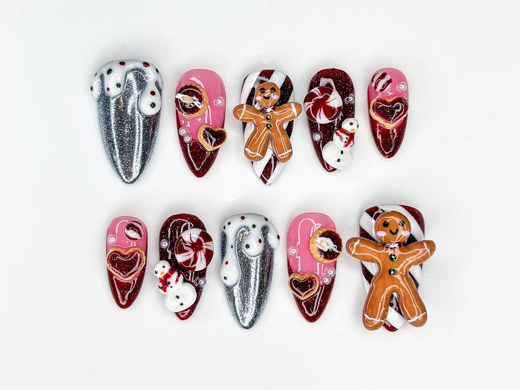 Gingerbread Red Christmas Press On Nails | 3D Christmas Cookie Nail | Peppermint & Snowman Holiday Nails| Red Glitter Festive Nails |OB216HC