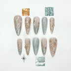 Elegant Gold Floral Cat eyes Nails | Nude Sage Blue Nails | Luxury Minimal Nails | Jasmin Flower Nails | Glossy Reusable Nails | OC339IC