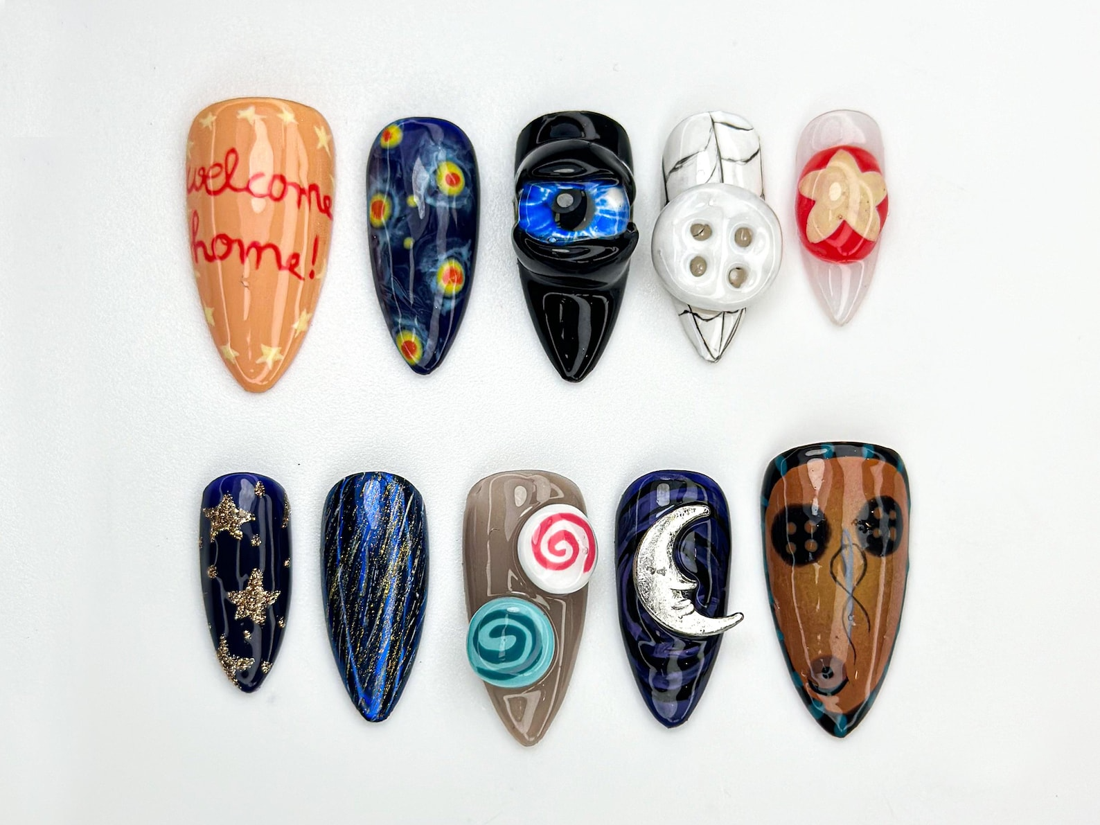Coraline Other World Press On Nails | Button Eyes Nail Art | Spooky Fantasy Nails | Handmade 3D Nail Set | Halloween Horror Nails | OB868H