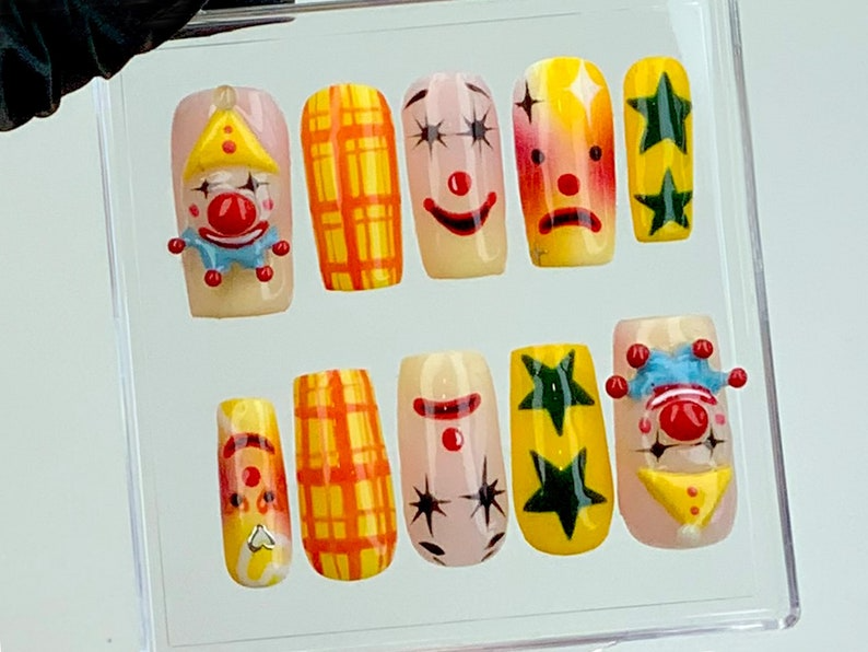 Quirky Clown Faces Press-On Nails | Hand-Painted Circus Nail Art | Fun and Colorful Press Ons | Unique Clown Fake Nails | Halloween |OB585YG