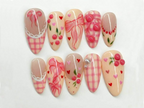 Press On Nails Adhesive Tabs – Cherry Heart & Pink Ribbon Nude Press On Nails. Handmade Valentine Fake Nails Sweet Romantic Nail Art | OB24L