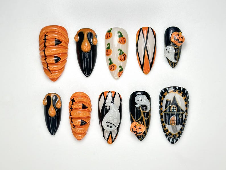 Pumpkin Haunted Night Press On Nails | 3D Ghost Pumpkin Nail Art | Handmade Halloween Nail Design | Black & Orange Press Ons | OB102HC