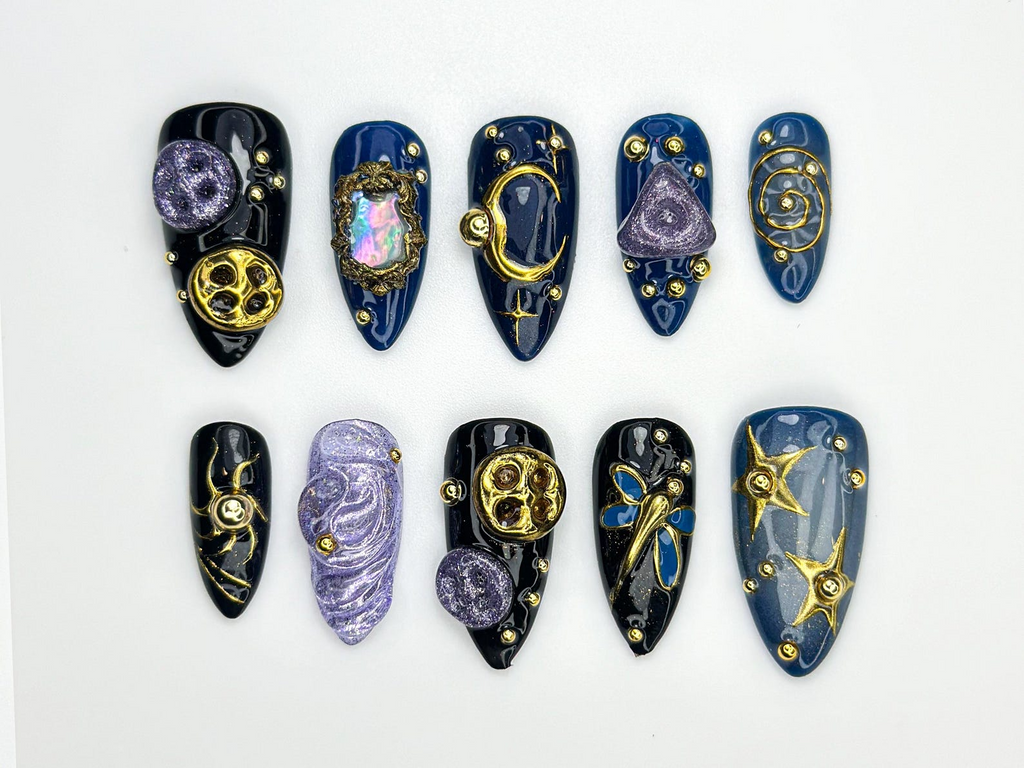 Cosmic Galaxy Press On Nails | Celestial Moon Star Nail Art | Dark Blue & Gold Mystical Nails | Opal Constellation Nail Design | OC860H