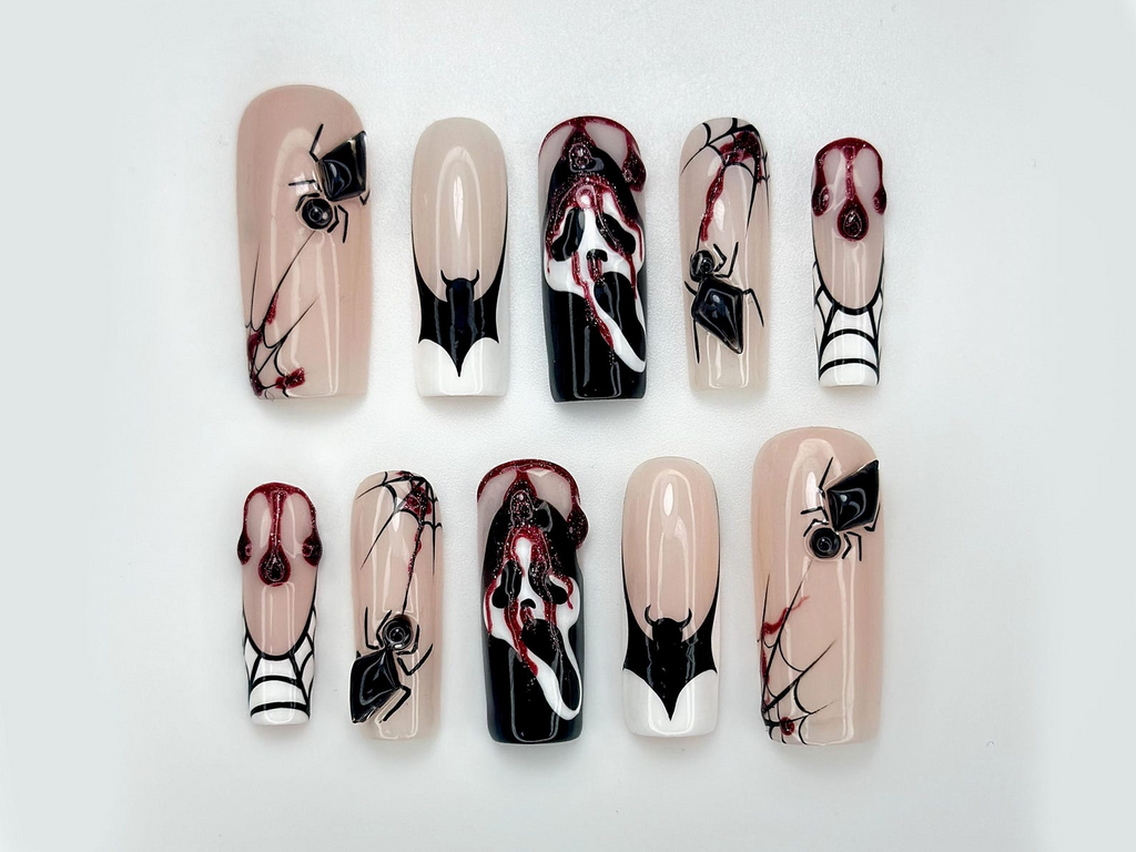 Gothic Spider Web Press On Nails | 3D Black Widow and Blood Drip Art | Scream Ghost & Webbed Bat Design | Halloween Horror Nail | OB980EC