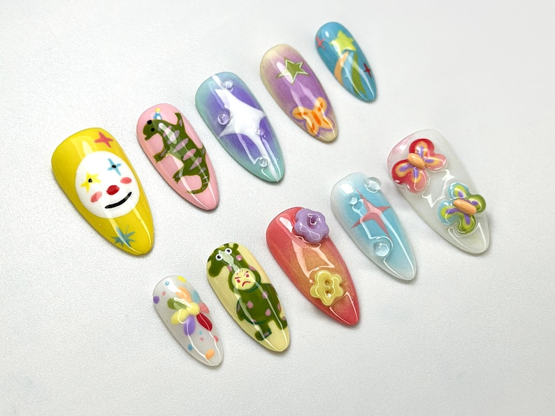 Whimsical Clown Press-On Nails | Hand-Painted Fantasy Nail Art | Bold & Bright Nail Set | Circus Clown Nails | Funky Festival Nail | OC697HK