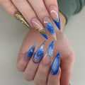 Handmade Blue Floral Gold Accent Elegant Press on Nails E12