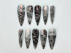 Press On Nails Adhesive Tabs – Black Silver Chrome Abstract Art Long Stiletto Handmade Fake Nails for Gothic Futuristic Look | OB2L