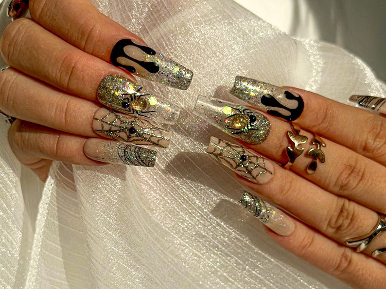 Glitter Web Glam Press On Nails | Sparkling Halloween Spider Nails | 3D Gold Spider & Web Nail Art | Long Coffin Glitter Nails | OB1079EC