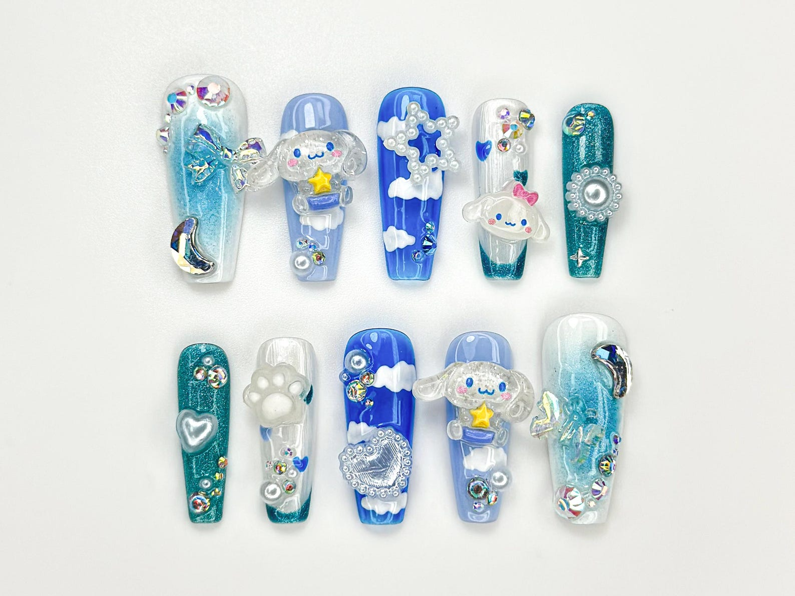 Kawaii Puppy Cloud Press On Nails | Blue Sky Nail Art | 3D Cloud & Star Resin Nails | Dreamy Pup-Inspired Press Ons | Cute Nails| OB925HC