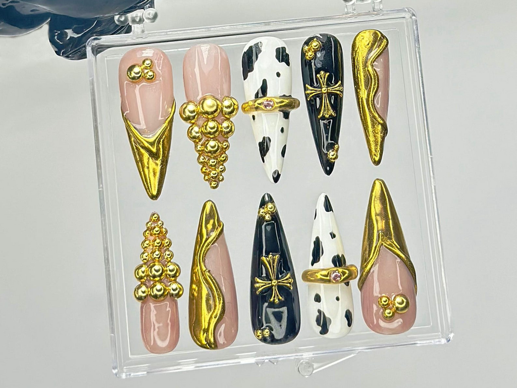 Black & Gold Luxury Press On Nails | Bold Cow Print Fake Nails | Golden Gothic Nail Art | Glam Cow Print. Cross Design Press Ons | OB919YK