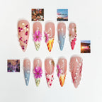 2026 Festival Trend: Hibiscus Tropical Nails | Sunset Glow Pink &Orange Ombre Nails|Flower Press Ons |Water Drop Summer Vacay Nails| OB364IC