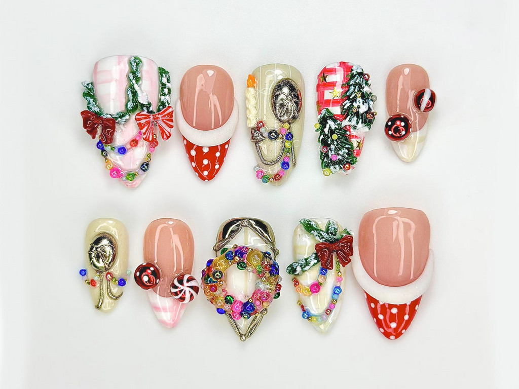 Merry Knit Christmas Press On Nails | 3D Bow Christmas Nail Art | Green Red Holiday Press Ons | Festive Handmade Set | OB220EC