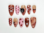 Chocolat Bear Cute Press On Nails | Kawaii Cartoon & 3D Cat Nails | Pink Brown Retro Nail Art | Handmade Fun Press Ons | OB221EC