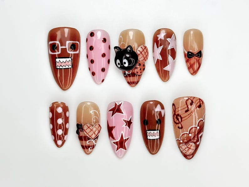 Chocolat Bear Cute Press On Nails | Kawaii Cartoon & 3D Cat Nails | Pink Brown Retro Nail Art | Handmade Fun Press Ons | OB221EC