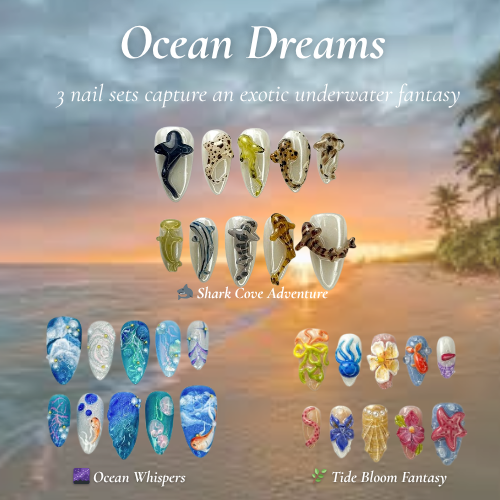 Ocean Dreams Nail Bundle | 3 Sea-Inspired Press On Nail Sets | Mermaid. Coral & Shark Vibes | OB100L