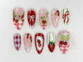 Strawberry Picnic Press On Nails | Cute 3D Strawberry And Bow Nail Art | Gingham Vintage Picnic Nails | Red & Pink Summer Nails | OB822H