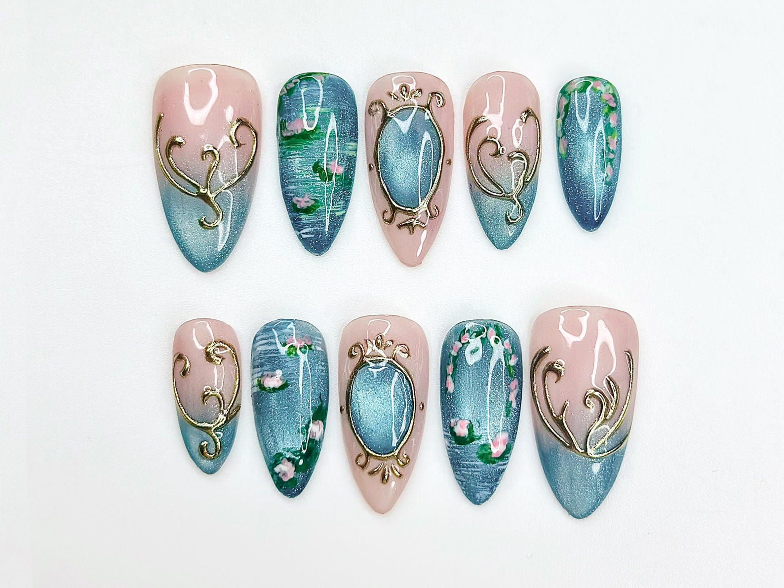 Teal Cat Eye Press On Nails | Elegant Vintage Nail Art | Ocean Marble Luxury Nails | Floral Blue Gradient Nails | Classy Press Ons | OB332HK