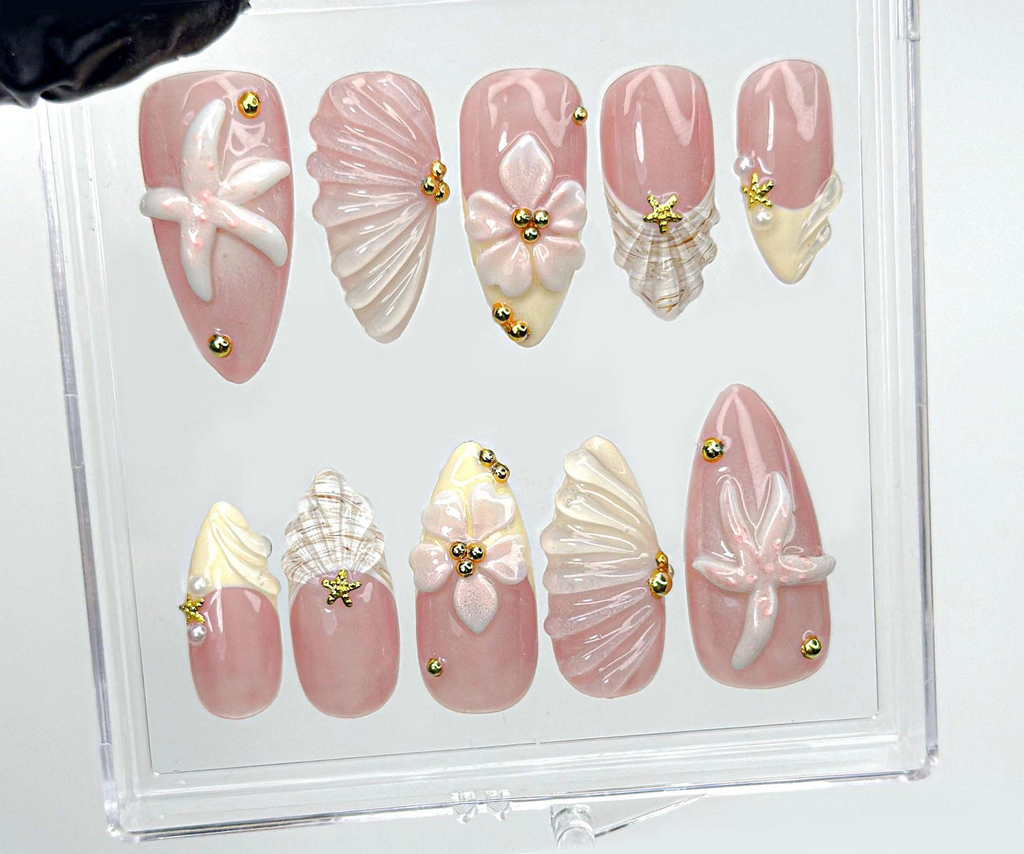 Soft Nude Seashell 3D Press On Nails | Starfish. Shell & Floral Nail Art | Handmade Pastel Nude Beach Nails | OC987EK